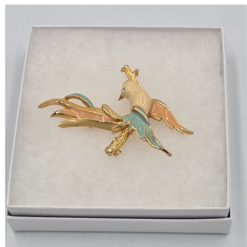 Vintage Boucher Style Bird of Paradise Brooch Pastel Enamel Peacock Pin 1960s